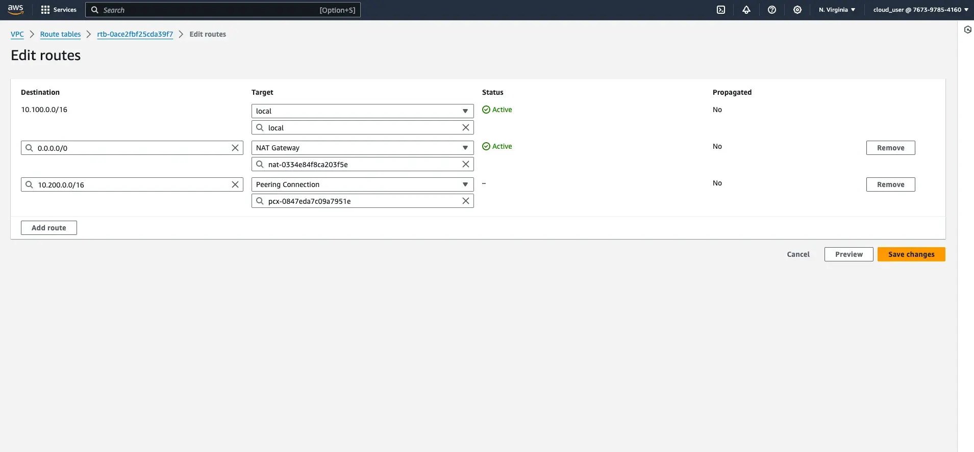 Configuare route table for VPC peering